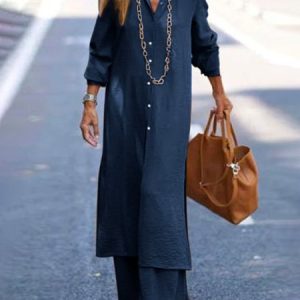 Loose Urban Shirt Collar Long Sleeve Plain Two-Piece Set, Two-piece Set, color:Navyblue|size:XXL, Stylewe