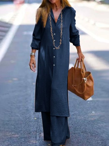 Loose Urban Shirt Collar Long Sleeve Plain Two-Piece Set, Two-piece Set, color:Navyblue|size:XXL, Stylewe
