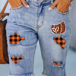 Women's Casual Plaid Distressed Denim Shorts Party Halloween Costume, Shorts, color:Blue|size:XXL, JustFashionNow