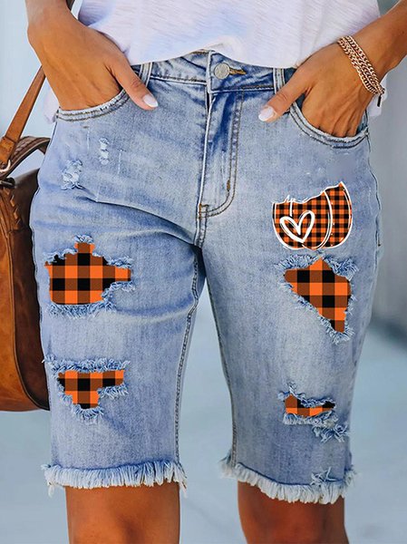 Women's Casual Plaid Distressed Denim Shorts Party Halloween Costume, Shorts, color:Blue|size:XXL, JustFashionNow