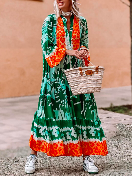 Loose Color Block V Neck Casual Dress, Dresses, color:Green|size:XXL, JustFashionNow