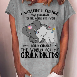 Women's Funny I Wouldn't Change My Grandkids For The World But I Wish I Could Change The World For My Grandkids Elephants Casual Loose T-Shirt, color:Gray|size:3XL, Lilicloth.com