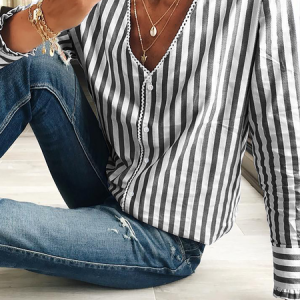 Striped V Neck Loose Casual Blouse, Shirts & Blouses, color:Black|size:XXL, JustFashionNow