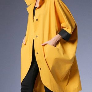 Color Block Urban Loose Lapel Collar Trench Coat, Coats, color:Yellow|size:XXL, Stylewe