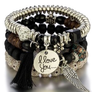 Vintage Casual Crystal Beaded Layered Bracelet Boho Vacation Ethnic Jewelry, Bracelets, color:Black|size:One-size, JustFashionNow