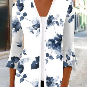 Buckle Shirt Collar Casual Floral Kimono, Cardigans, color:Blue|size:XXL, JustFashionNow