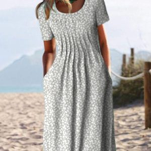 Summer Crew Neck Floral Pockets Short Sleeve Midi Dress, Midi Dresses, Roselinlin - Online Catalog