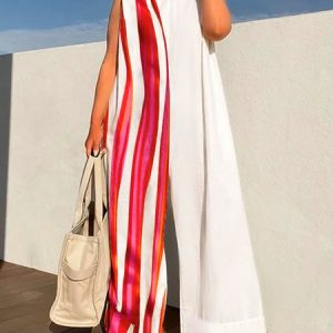 Abstract Crew Neck Loose Vacation Jumpsuit, Jumpsuits, color:Deep Pink|size:XXL, Stylewe