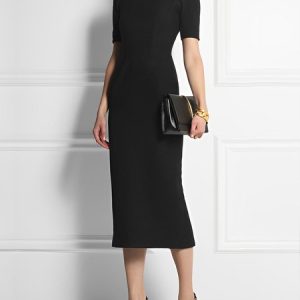 Elegant Regular Fit Plain Stand Collar Midi Dress, Midi Dresses, color:Black|size:XXL, Stylewe