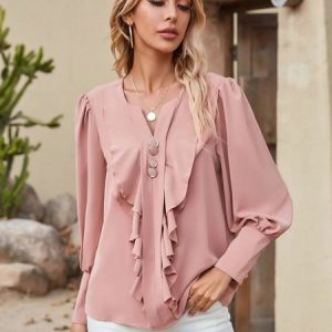 Crew Neck Long Sleeve Floral Regular Loose Shirt For Women, Blouses, color:Dusty Pink|size:XXL, Noracora