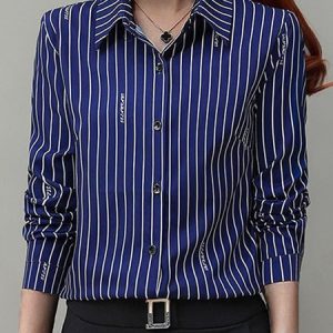 Shirt Collar Long Sleeve Striped Buckle Regular Micro-Elasticity Loose Blouse For Women 2023, Shirts, color:Blue|size:5XL, Noracora