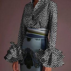 Long sleeve Elegant Flare Sleeve Shirt Collar Blouse, Blouses and Shirts, color:Black|size:XXL, Stylewe