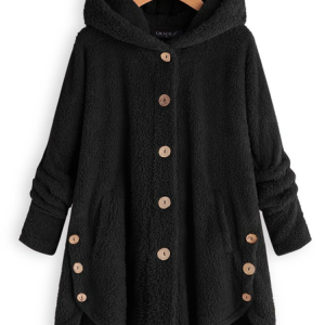 Women Cozy Fleece Hooded Fuzzy Asymmetrical Hem Button Teddy Bear Coat, Coats, color:Black|size:XXL, JustFashionNow