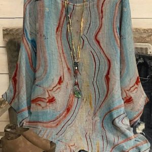 Women's Printed Crew Neck Blend Cotton Long Sleeve Casual Tunic Top, Blouses, color:As Picture|size:XS, Noracora