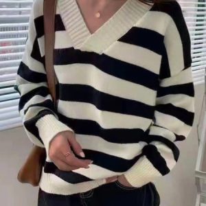 Women Yarn/Wool Yarn Striped Long Sleeve Comfy Casual Sweater, Sweaters, color:Black|size:One-size, Noracora