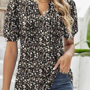V Neck Floral Loose Vacation Blouse, Shirts & Blouses, color:Black|size:XXL, JustFashionNow