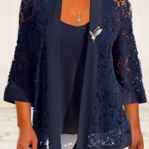 Plus size Plain Lace Casual Two-Piece Set, Suit Set, color:Purplish blue|size:4X, JustFashionNow