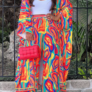 Lightweight V neck Vacation Loose Three Quarter Mid-long Kimono, Kimonos, color:As Picture|size:XXL, Stylewe