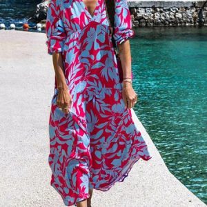 Rose Red V Neck Floral Printed Long Sleeve Holiday Casual Shift Dress, Maxi, color:Rose Red|size:3XL, catalog Noracora shop