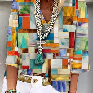 Casual Three Quarter Sleeve V Neck Printed Top, Blouses, color:Multicolor|size:XS, Noracora