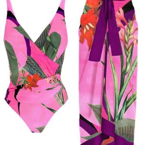 Sexy Plants Cross One Piece With Cover Up, Swimsuit with Coverups, color:Pink|size:XL, Stylewe