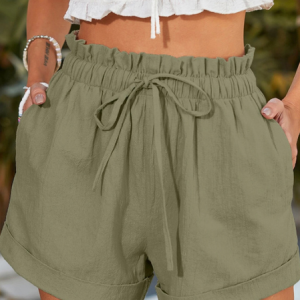 Women's Cotton And Linen Summer Shorts Ruffle Elastic Hight Waist Casual Shorts with 2 Pockets, color:Army Green|size:XXL, Lilicloth.com
