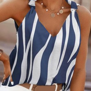 Striped Loosen V Neck Woven Tank, Tanks & Camis, color:Blue|size:XXL, JustFashionNow