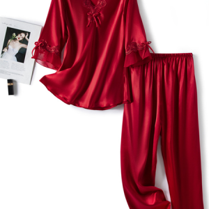Casual V Neck Lounge Set, Pajamas, color:Wine Red|size:XL, Noracora