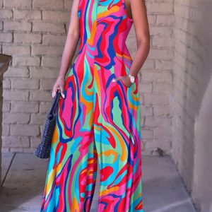 Abstract V Neck Urban Regular Fit Jumpsuit, Jumpsuits, color:Rose Red|size:XXL, Stylewe