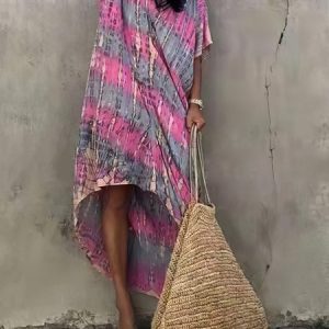 Vacation Tie-Dye Pattern Crew Neck Coverup, swimwear>>Cover Ups, color:Pink|size:One-size, JustFashionNow