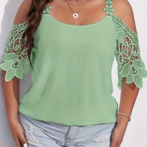 Plain Cold Shoulder Lace Casual Shirt, TOPS, color:Lightgreen|size:4X, Noracora