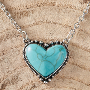 Boho Natural Turquoise Heart Pattern Necklace Sweater Chain Ethnic Vintage Jewelry, Necklaces, color:Silver|size:One-size, JustFashionNow