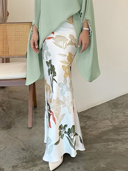 Stylewe Elegant Regular Fit Floral Print Skirt, Skirts, color:White|size:XS, Stylewe