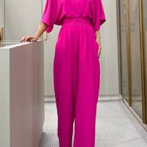 Three Quarter Sleeve V Neck Regular Fit Long Party Simple Plain Mid Waist For Women, Jumpsuits&Rompers, color:Deep Pink|size:XXL, Noracora