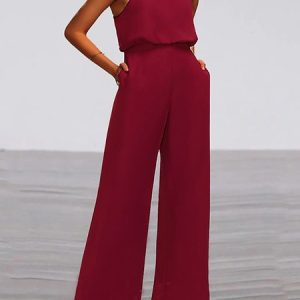 Gallus Halter Loose Long Party Casual Plain Natural For Women, Jumpsuits&Rompers, color:Wine Red|size:3XL, Noracora