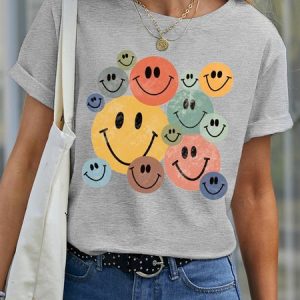 Women's Cotton Keep Smile Casual Crew Neck T-Shirt, color:Light Gray|size:3XL, Lilicloth.com