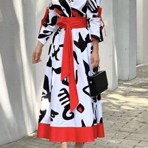 Abstract Elegant Regular Fit Maxi Dress, Maxi Dresses, color:Black-white|size:XXL, Stylewe