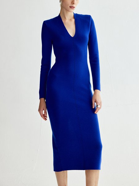 V Neck Knitted Elegant Plain Long sleeve Micro-Elasticity Dress, Midi Dresses, color:Blue|size:XXL, Stylewe
