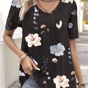 Jersey Casual Loose Floral Blouse, Blouses, color:Black|size:XXL, Noracora