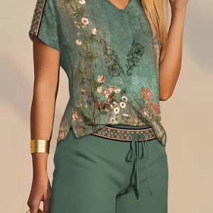 Loose V Neck Floral Casual Two-Piece Set, Suit Set, color:Green|size:XXL, JustFashionNow