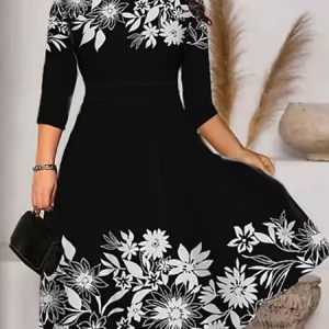 Floral Crew Neck Urban Dress, Dresses, color:Black|size:5XL, JustFashionNow
