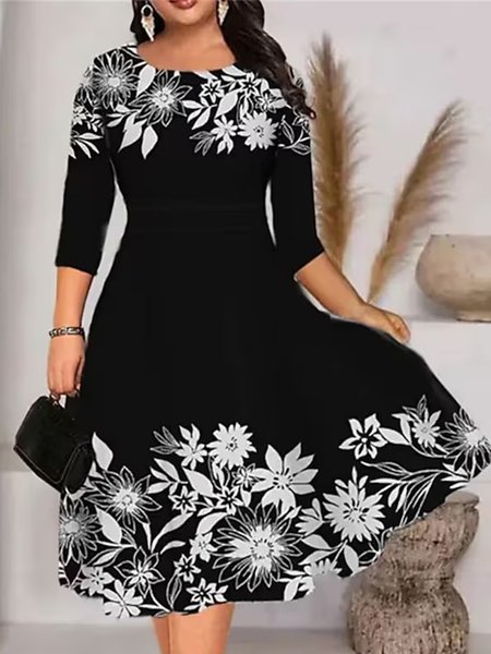 Floral Crew Neck Urban Dress, Dresses, color:Black|size:5XL, JustFashionNow