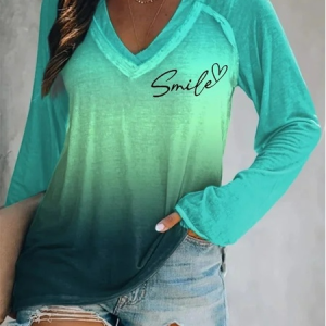 Smile Ombre V Neck Casual Loose T-Shirt, T-Shirts, color:Green|size:XXL, JustFashionNow