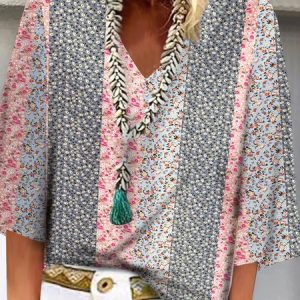 Plus Size Loose Disty Floral Half Open Collar Casual Shirt, TOPS, color:Multicolor|size:4X, Noracora