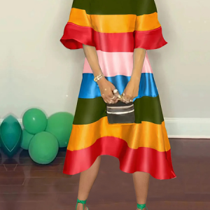 Loose Crew Neck Striped Short sleeve Urban Midi Dress, Midi Dresses, color:As Picture|size:XXL, Stylewe
