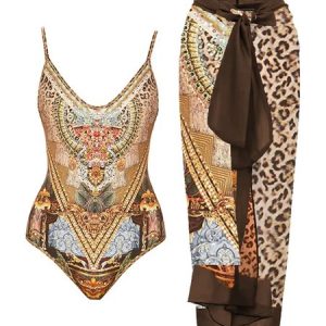 Ethnic Printing Ethnic One Piece With Cover Up, Coverups, color:Brown|size:XXL, Stylewe