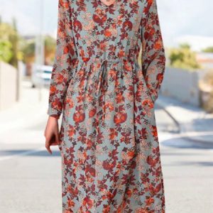 Women Floral V Neck Long Sleeve Comfy Casual Pocket Stitching Midi Dress, Dresses, color:Red|size:3XL, Noracora