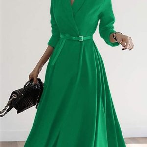 Urban Regular Fit Shawl Collar Midi Dress With Belt, Midi Dresses, color:Green|size:XXL, Stylewe