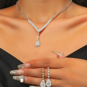 Elegant Drop Shape Full Diamond Earrings Necklace Fashion Party Women Jewelry Set, Necklaces, color:As Picture|size:One-size, JustFashionNow