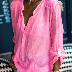 Regular Fit Plain Casual V Neck Shirt, Shirts & Blouses, color:Pink|size:XXL, JustFashionNow